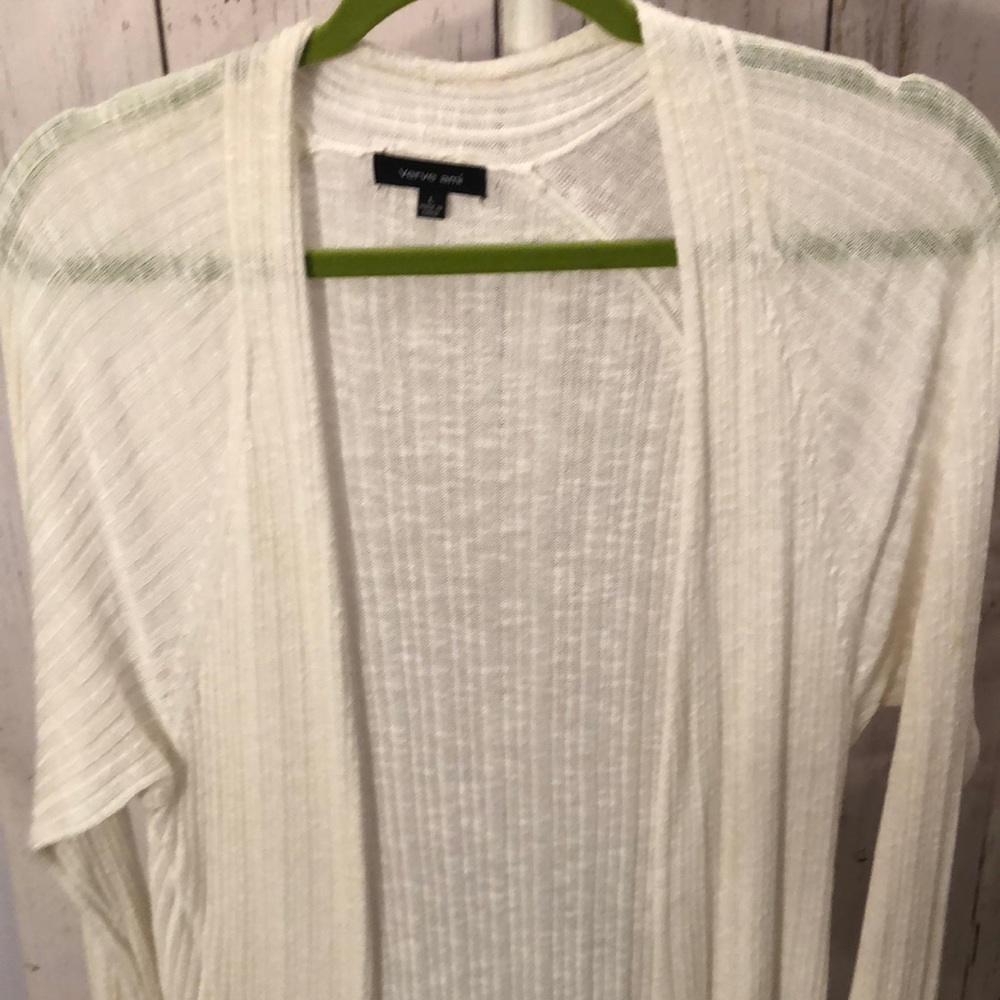 White, long cardigan, lightweight.